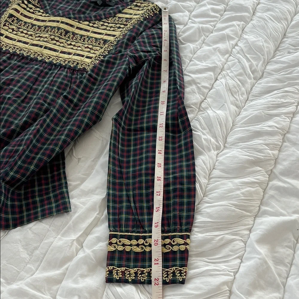 NWT J.Crew Embroidered in Gold Holiday Plaid Peasant Blouse Top PXS